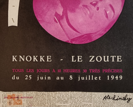 la toute première affiche conçue par Pierre Alechinsky, en 1949 (version violette - détail, avec le timbre fiscal d'affichage oblitéré)