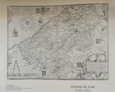 tweede - niet ingekleurde - versie uit 1593 van Gerard de Jode's Vlaanderenkaart, gepubliceerd in het boek op de voorgaande foto