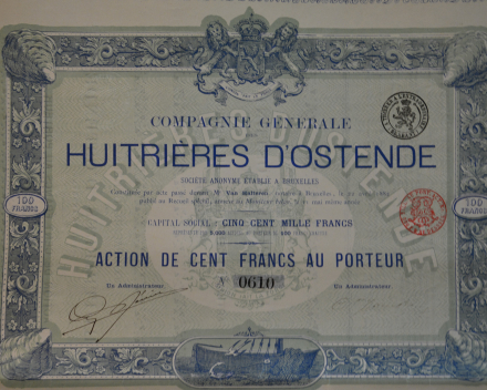 Action de 1882. L'huître 'ostendaise' fut au 19e siècle une délicatesse prisée dans toute l'Europe. Elle semble même avoir recueilli les faveurs du Tsar de Russie. Depuis quelques années 'l'ostendaise' est réapparue.