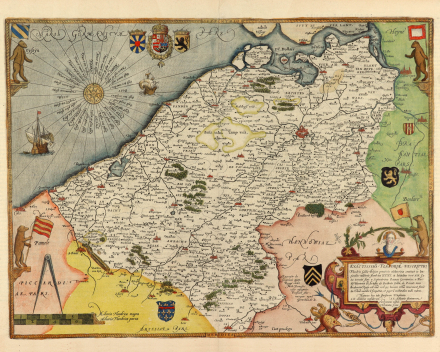 Gerard de Jode's eerste - bovendien ingekleurde - versie uit 1578 van de Vlaanderenkaart die Galerie Saint-Clair aanbiedt